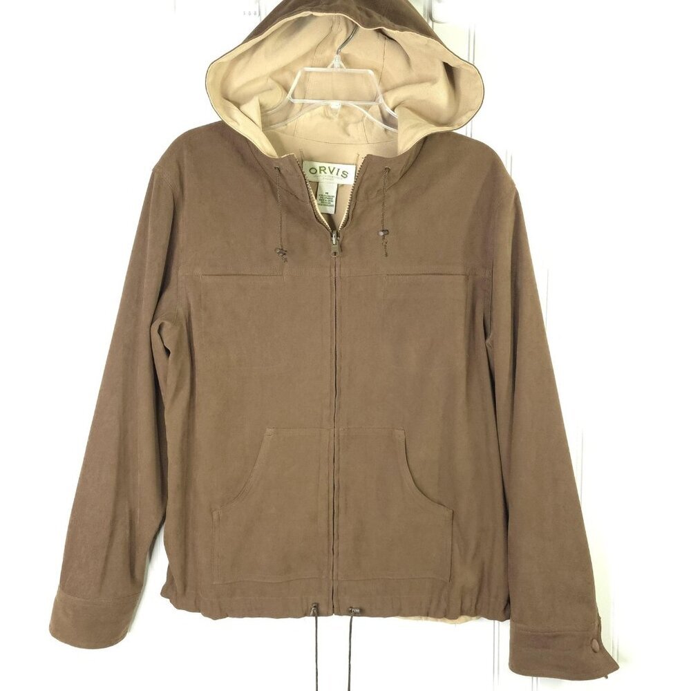 Orvis Jacket Womens M Brown Reversible Hooded Anorak Zip Microfiber Classic